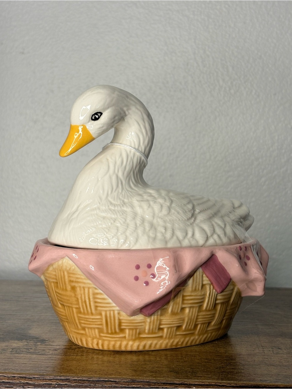 White Ceramic Duck Covered Bowl with Pink Trim - Home Accents